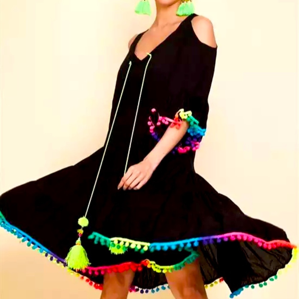 Neon PomPom Trim Black Swing Dress